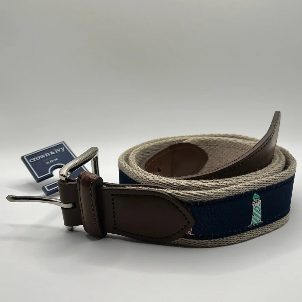 NEW Crown &‎ Ivy JAAK Khaki Canvas Belt Navy Lighthouse Embroidery XL NWT 42-44